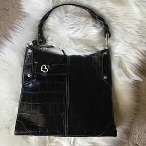 Brighton Black Leather Croc Shoulder Bag | Silver Hardware | Excellent Condition
